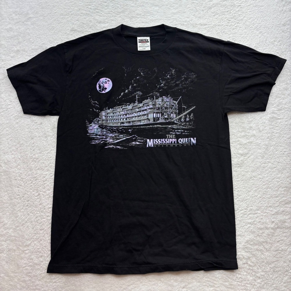 Vintage Tultex Mississippi Queen Steamboat Graphic T-Shirt Black Large